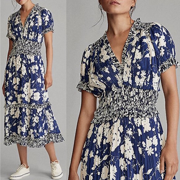 Polo Ralph Lauren Pleated Floral Print Midi Tiered Blue Dress Size 2 MSRP $298 - Picture 1 of 13
